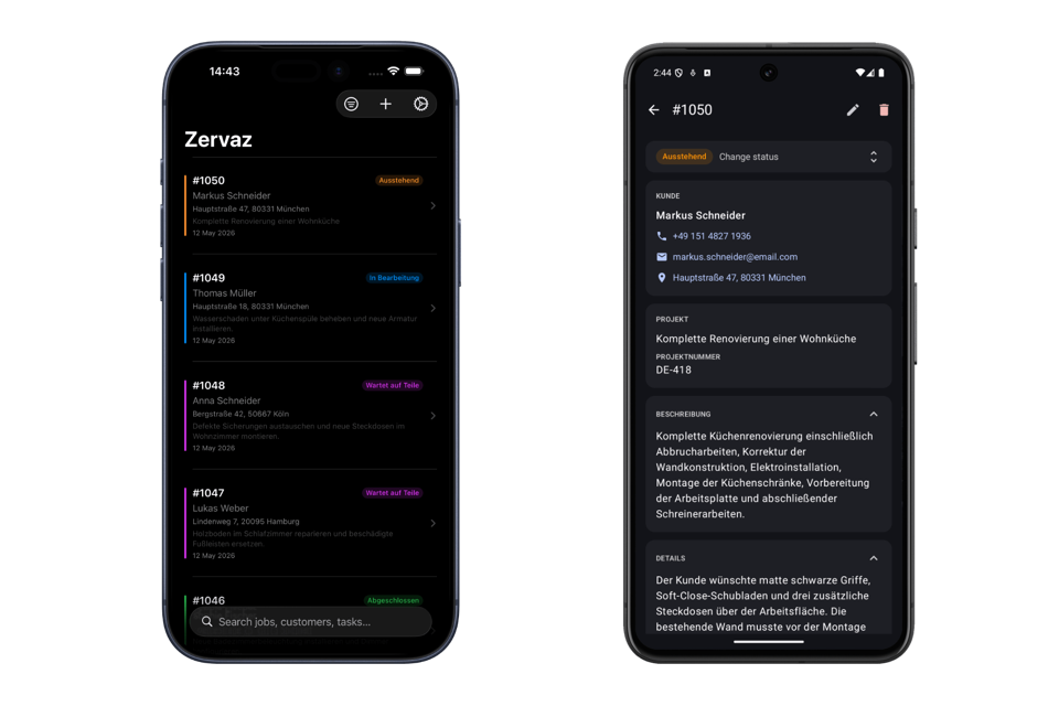 Zervaz auf iPhone und Android-Handy zur Erfassung von Auftragsdetails und Fotos vor Ort.