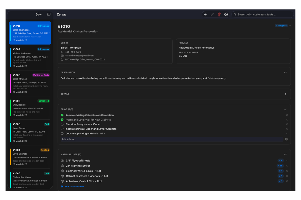 Zervaz on Mac and iPhone, syncing a service ticket across Apple devices.