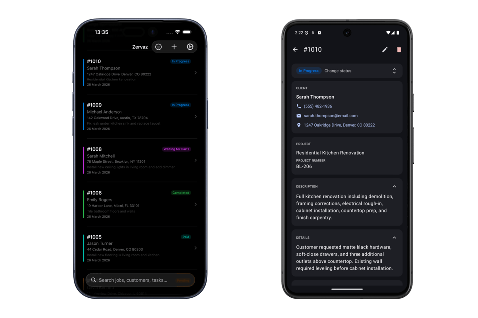 Zervaz on iPhone and Android phone, capturing job details and photos on the go.