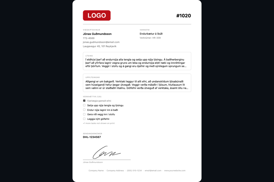 Zervaz PDF útprentun af verkbeiðni með viðskiptavin, lýsingu, efnislista og samtölu.